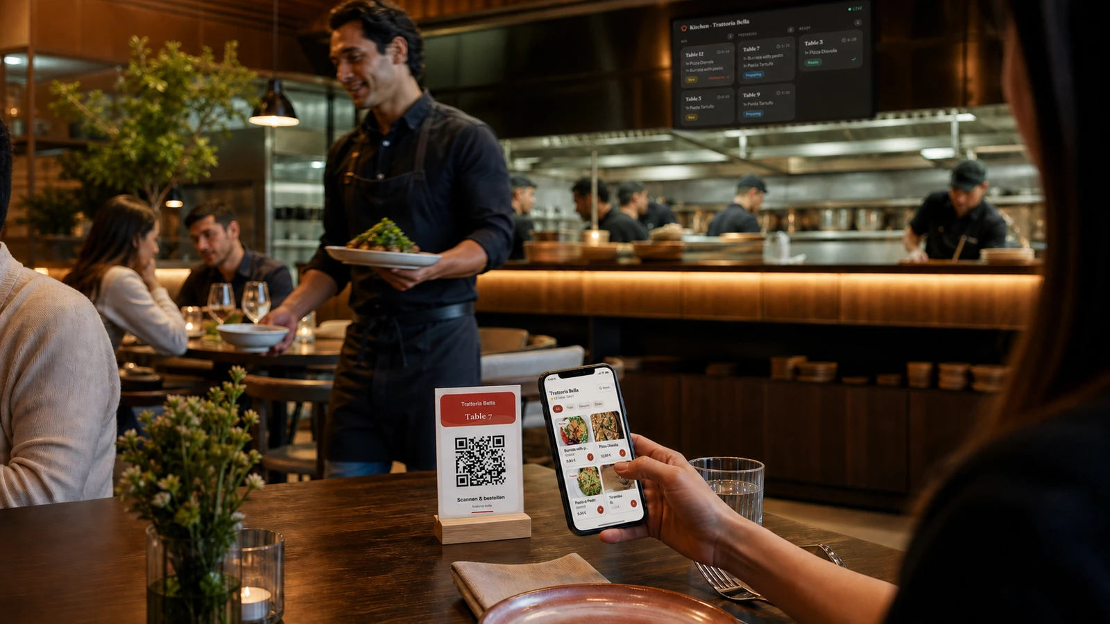 Справжня QR-картка, мобільне меню й екран кухні в процесі Machbaro